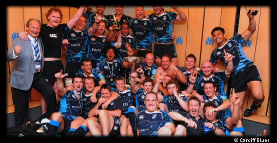 Cardiff Blues celebrate in the changing rooms at the Stade Vélodrome